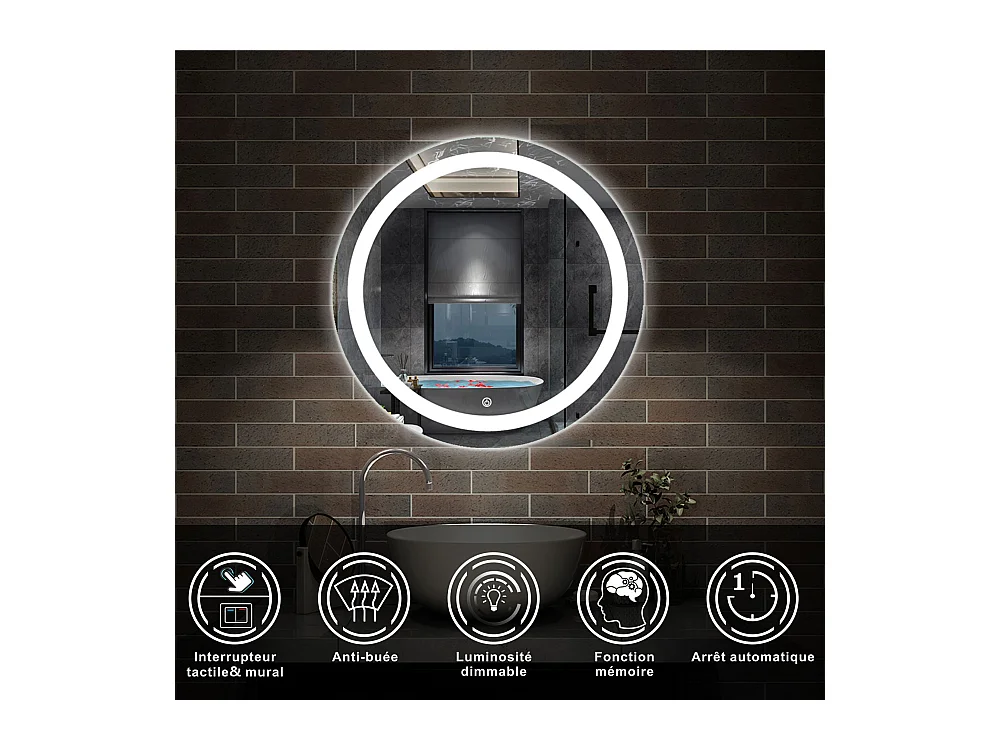 AICA Ensemble meuble de salle de bain Vasque 50cm + 2 tiroirs + lavabo + LED Miroir Rond 60cm + Colonne, Chêne
