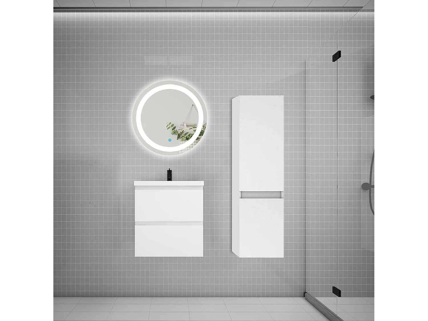 Ensemble meuble vasque L.50cm 2 tiroirs + lavabo + LED miroir rond 60cm + colonne,blanc easy