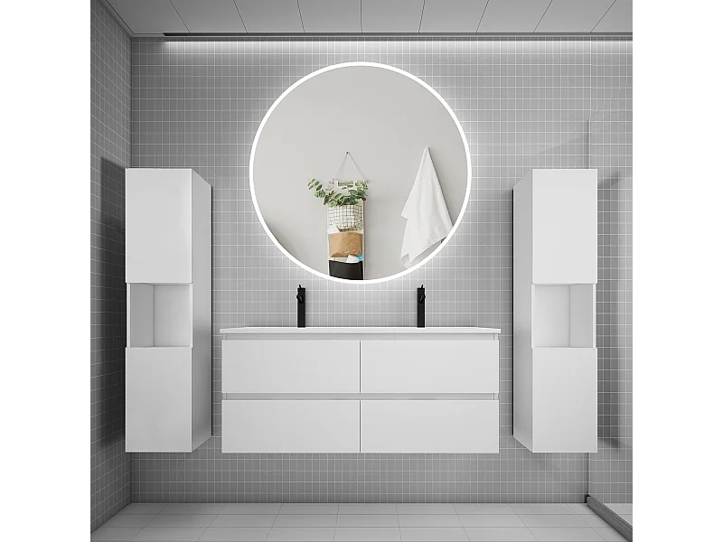 AICA Ensemble meuble de salle de bain double Vasque L.120cm 4 tiroirs + lavabo + LED Miroir Rond 120cm + 2*Colonne,Blanc