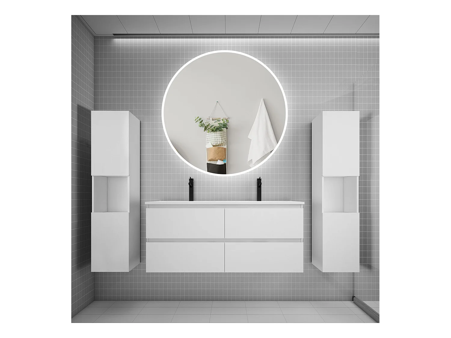 AICA Ensemble meuble de salle de bain double Vasque L.120cm 4 tiroirs + lavabo + LED Miroir Rond 120cm + 2*Colonne,Blanc