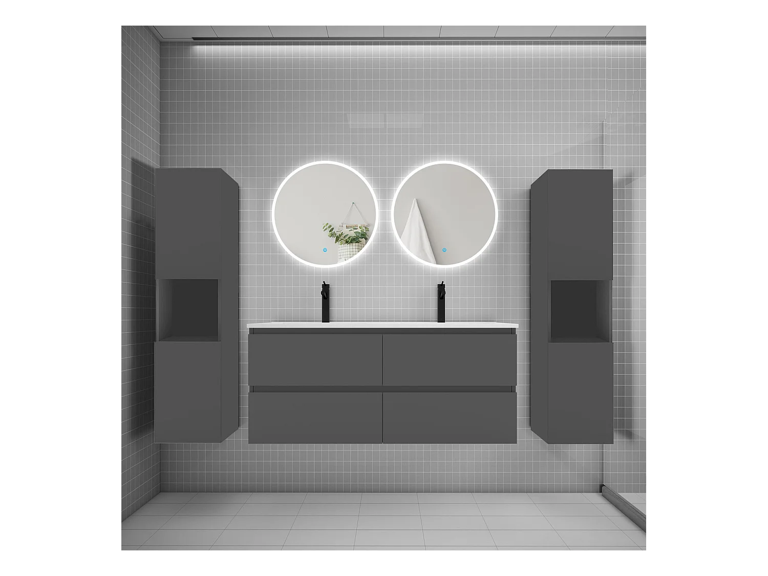 AICA Ensemble meuble de salle de bain double Vasque L.120cm 4 tiroirs + lavabo + 2*LED Miroirs Rond 60cm + 2*Colonne, Anthracite