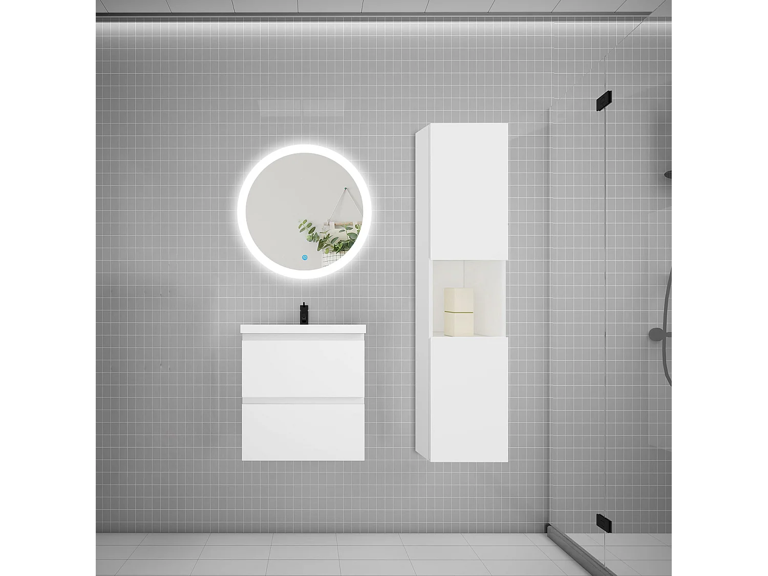 AICA Ensemble meuble vasque L.50cm 2 tiroirs + lavabo + LED miroir rond 60cm + colonne,blanc,design