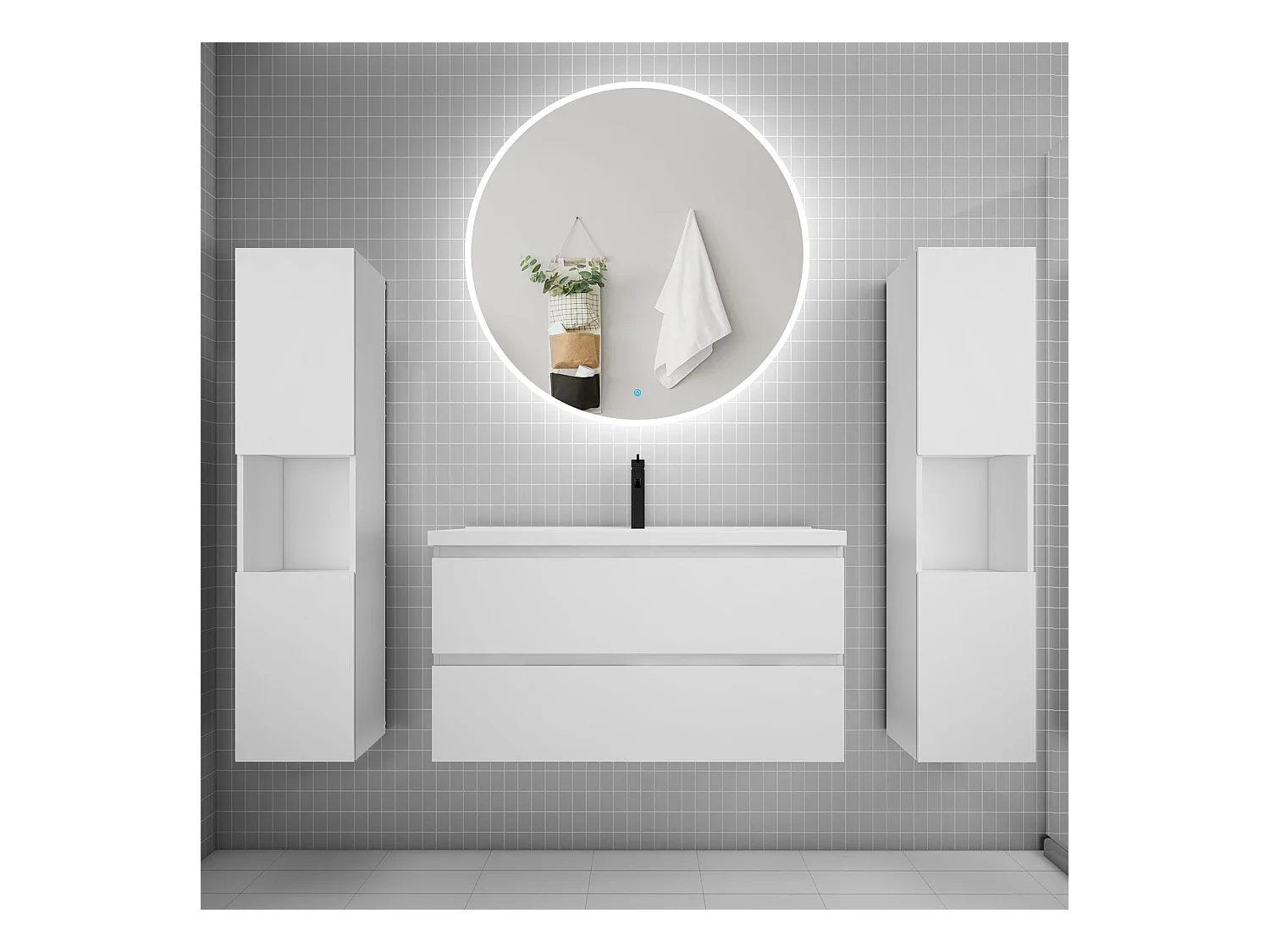 AICA Ensemble meuble de salle de bain Vasque L.99cm 2 tiroirs + lavabo + LED Miroir Rond 100cm + 2*Colonne,Blanc
