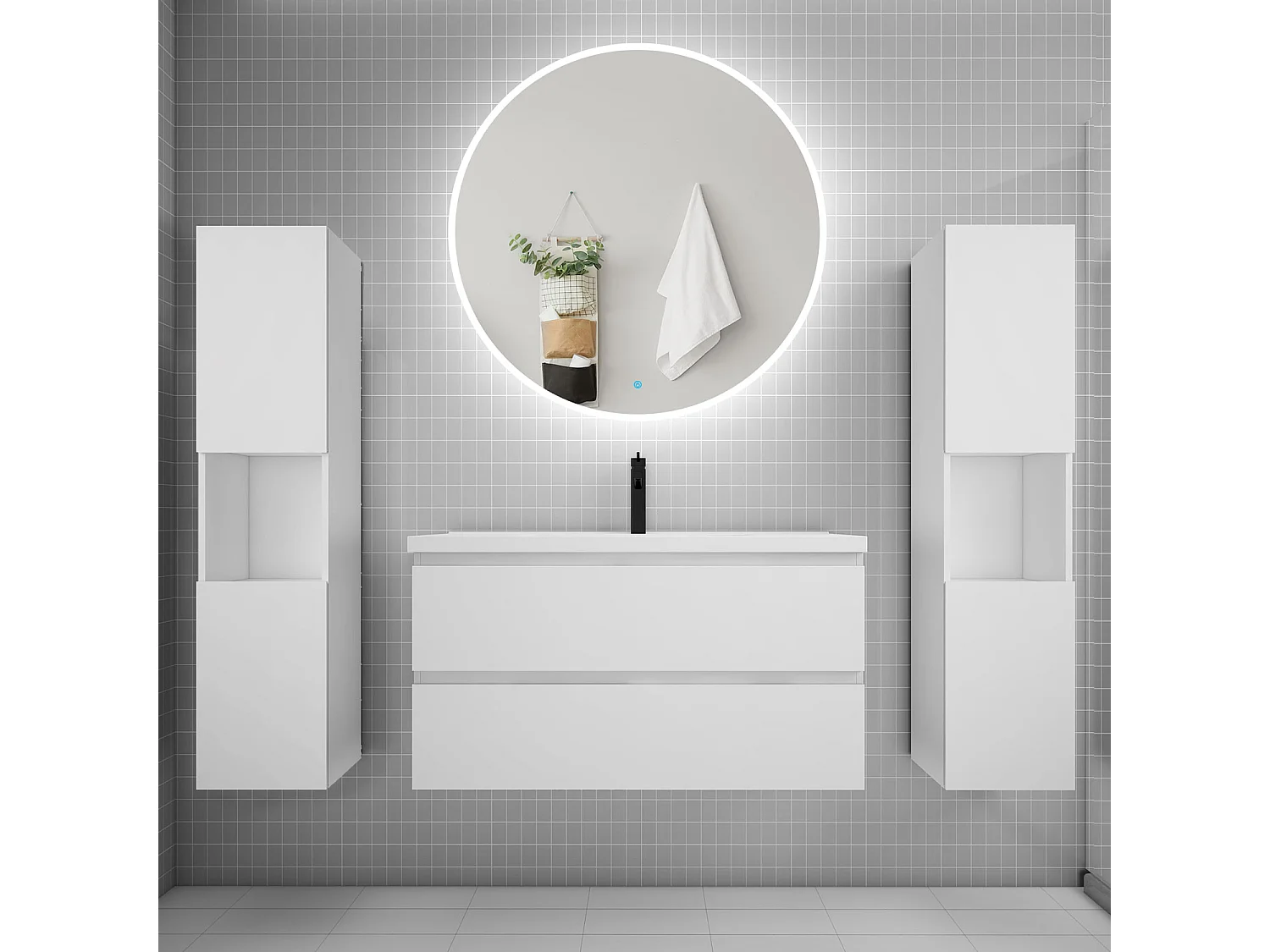 Ensemble meuble vasque L.99cm 2 tiroirs + lavabo + LED miroir rond 100cm + 2*colonne,blanc A