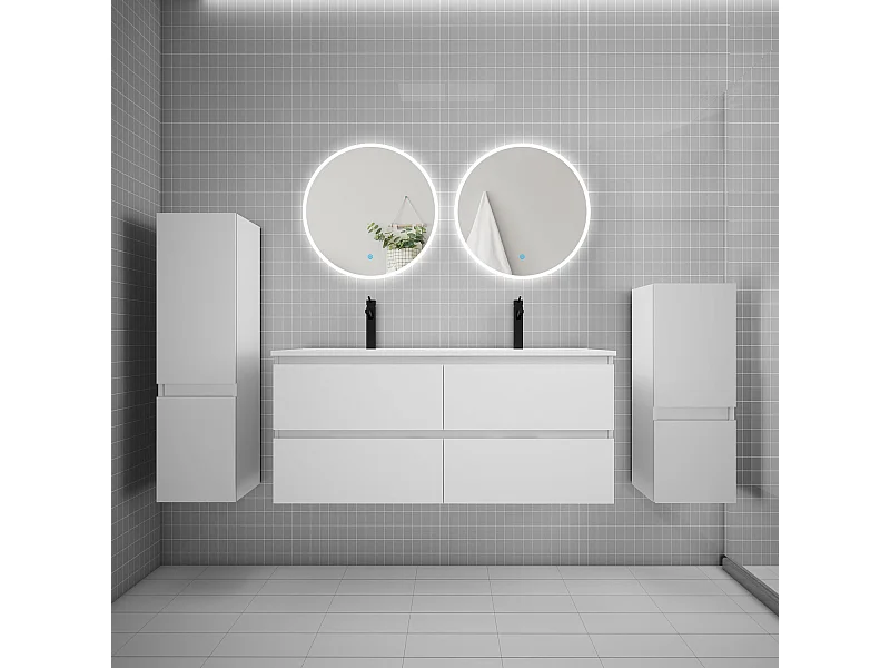 AICA Ensemble meuble de salle de bain double Vasque L.120cm 4 tiroirs + lavabo + 2*LED Miroirs Rond 60cm + 2*Colonne,Blanc