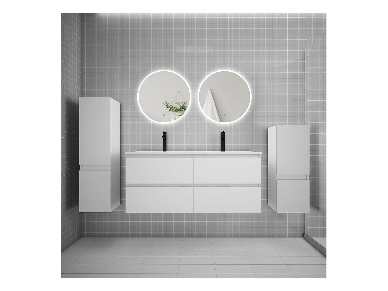 AICA Ensemble meuble de salle de bain double Vasque L.120cm 4 tiroirs + lavabo + 2*LED Miroirs Rond 60cm + 2*Colonne,Blanc