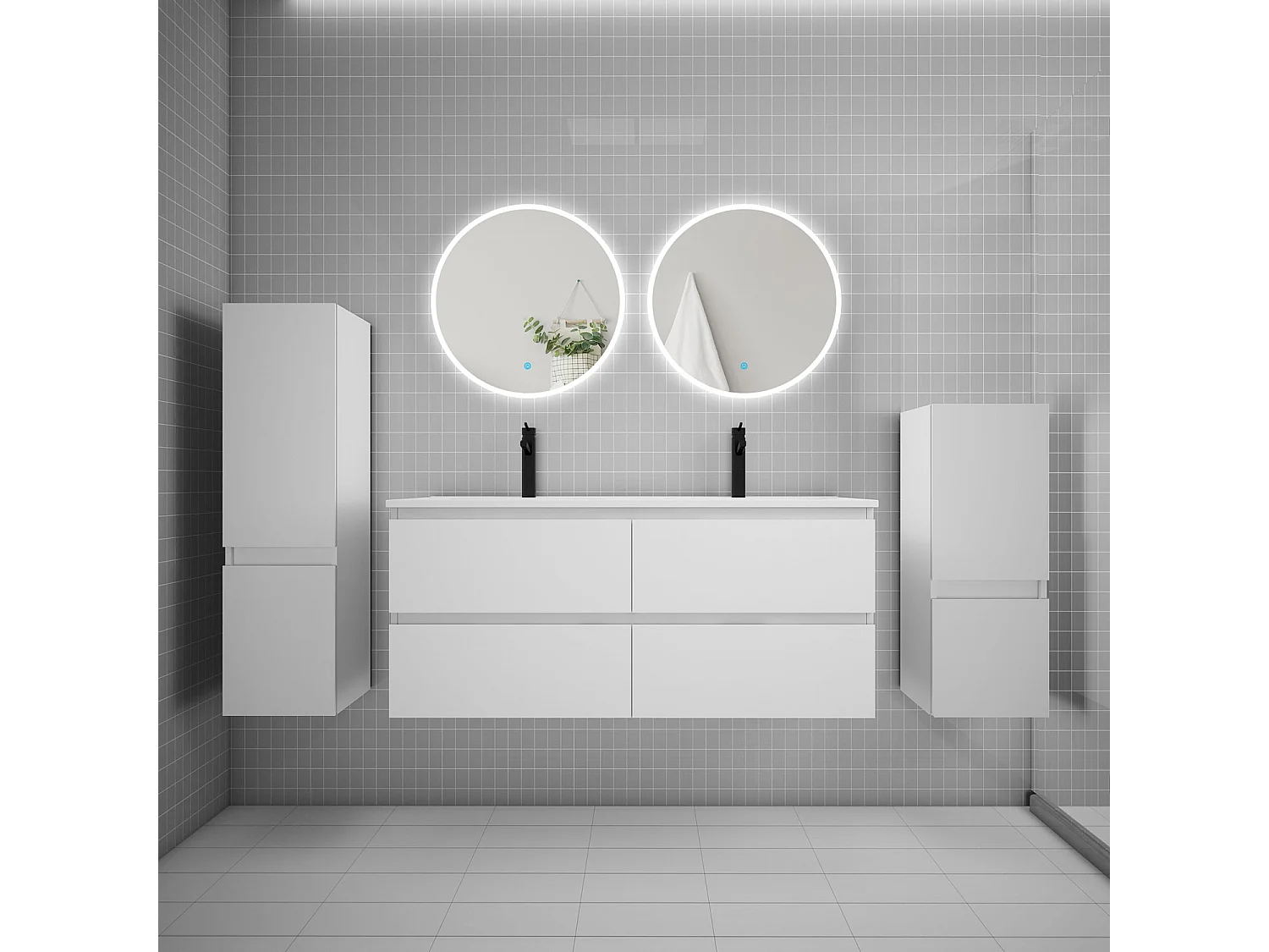 Ensemble meuble double vasque L.120cm 4 tiroirs + lavabo + 2*LED miroirs rond 60cm + 2*colonne,blanc