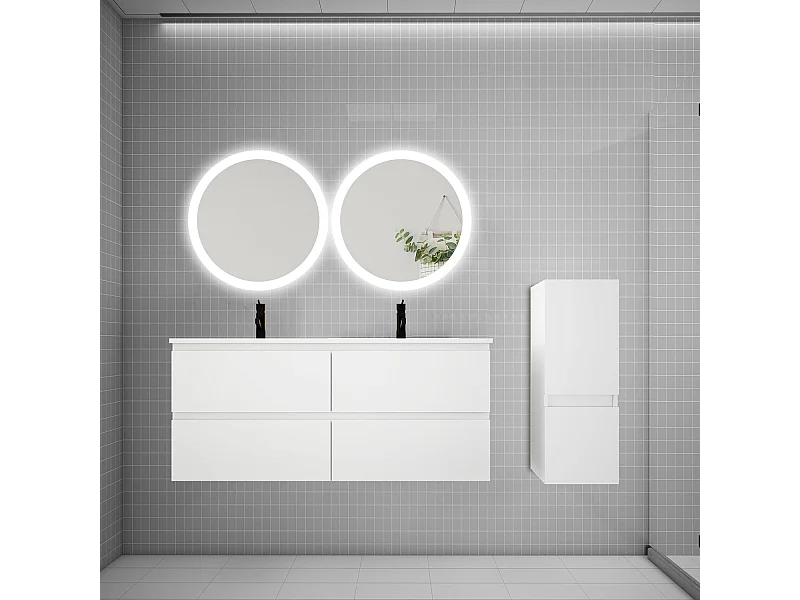 AICA Ensemble meuble de salle de bain double Vasque 120cm avec 4 tiroirs + lavabo + 2*LED Miroirs Rond 60cm + Colonne,Blanc