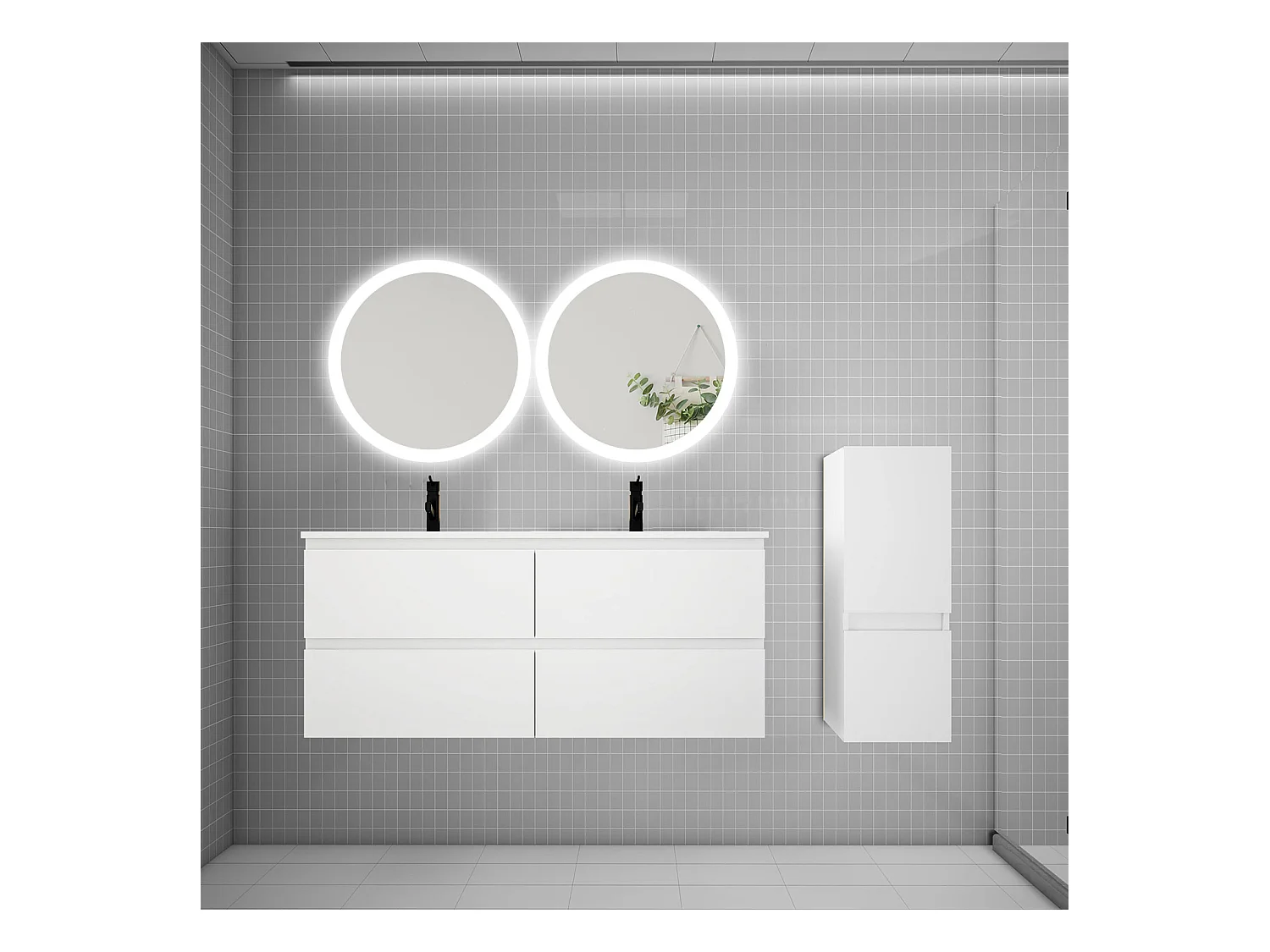AICA Ensemble meuble de salle de bain double Vasque 120cm avec 4 tiroirs + lavabo + 2*LED Miroirs Rond 60cm + Colonne,Blanc