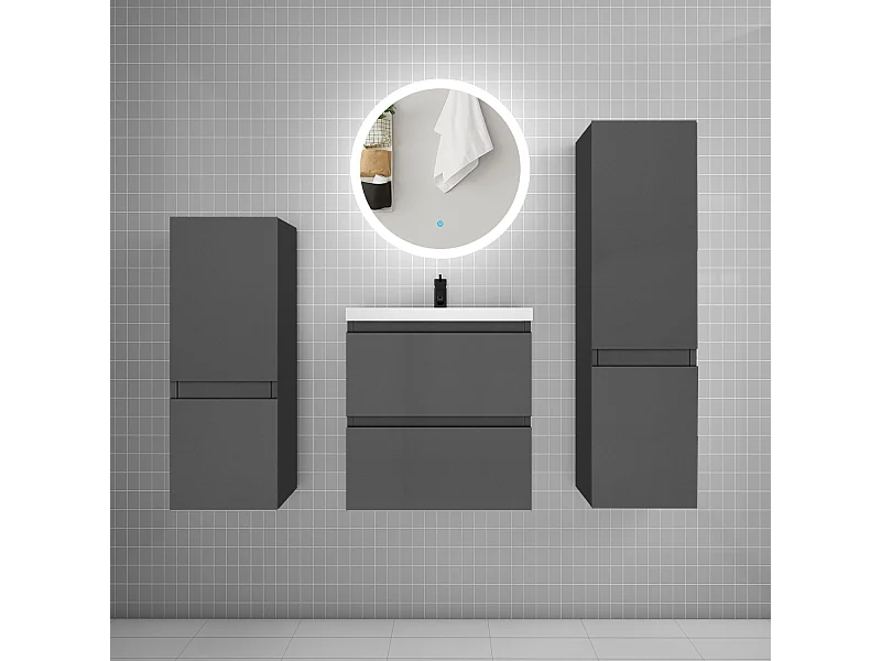 AICA Ensemble meuble de salle de bain Vasque L.50cm 2 tiroirs + lavabo + LED Miroir 60cm + 2*Colonne, Blanc