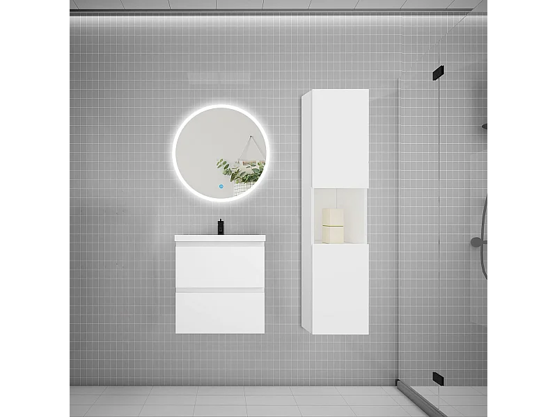 AICA Ensemble meuble vasque L.50cm 2 tiroirs + lavabo + LED miroir rond 60cm + colonne,blanc
