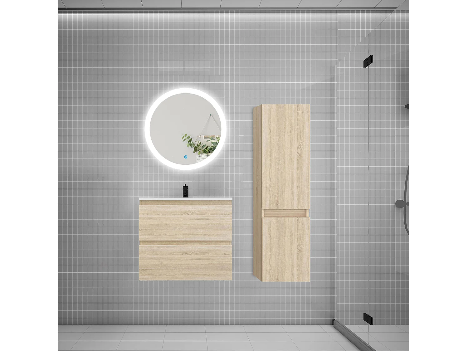 Ensemble meuble vasque L.60cm 2 tiroirs + lavabo + LED miroir rond 60cm + colonne C,chêne aica