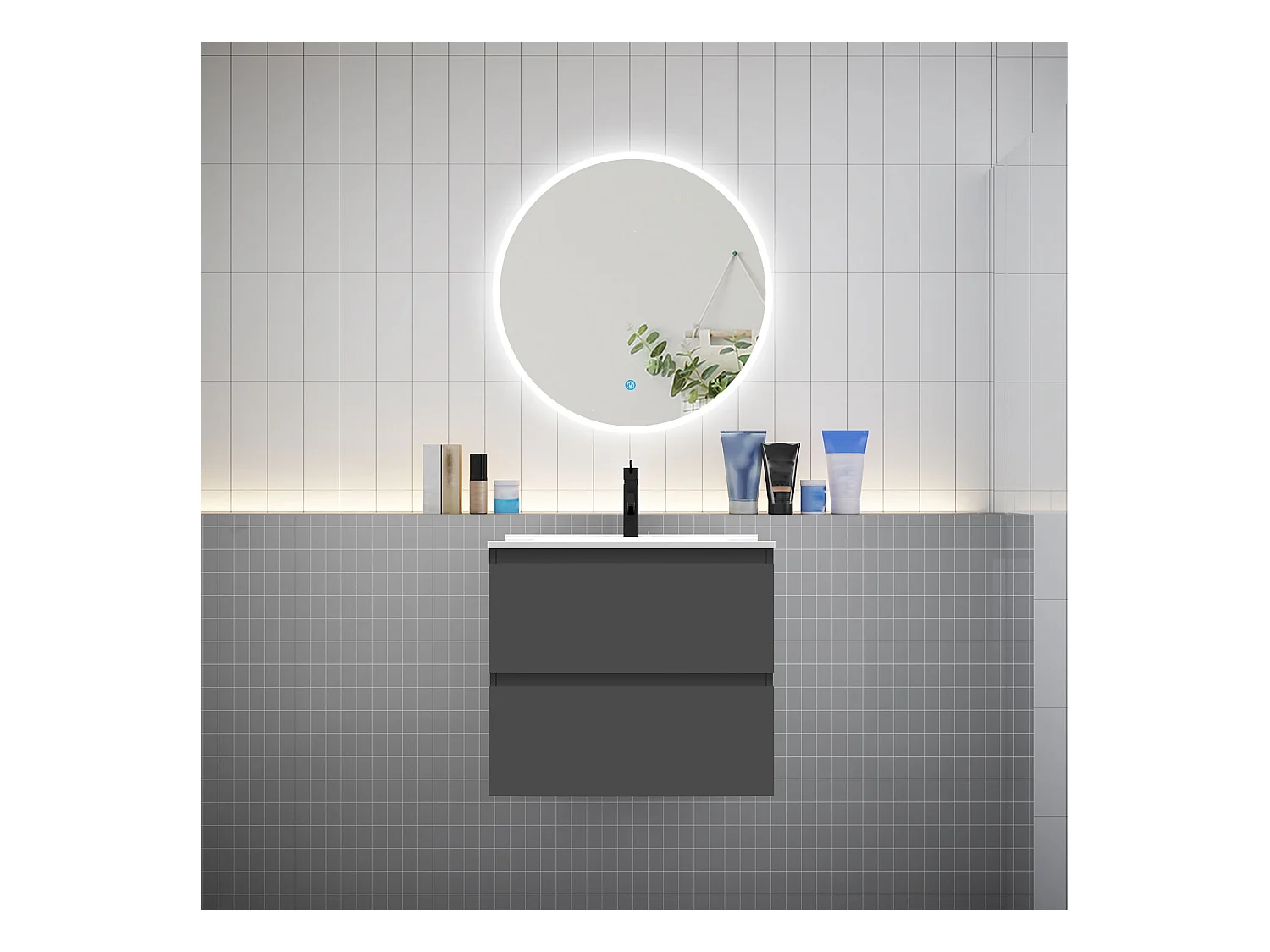 AICA Ensemble meuble de salle de bain Vasque L.60cm 2 tiroirs + lavabo + LED Miroir Rond 70cm, Anthracite