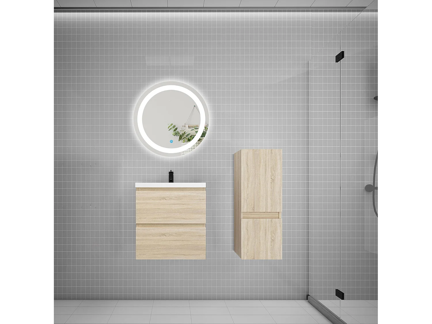 Ensemble meuble vasque L.50cm 2 tiroirs + lavabo + LED miroir rond 60cm + colonne,chêne,style