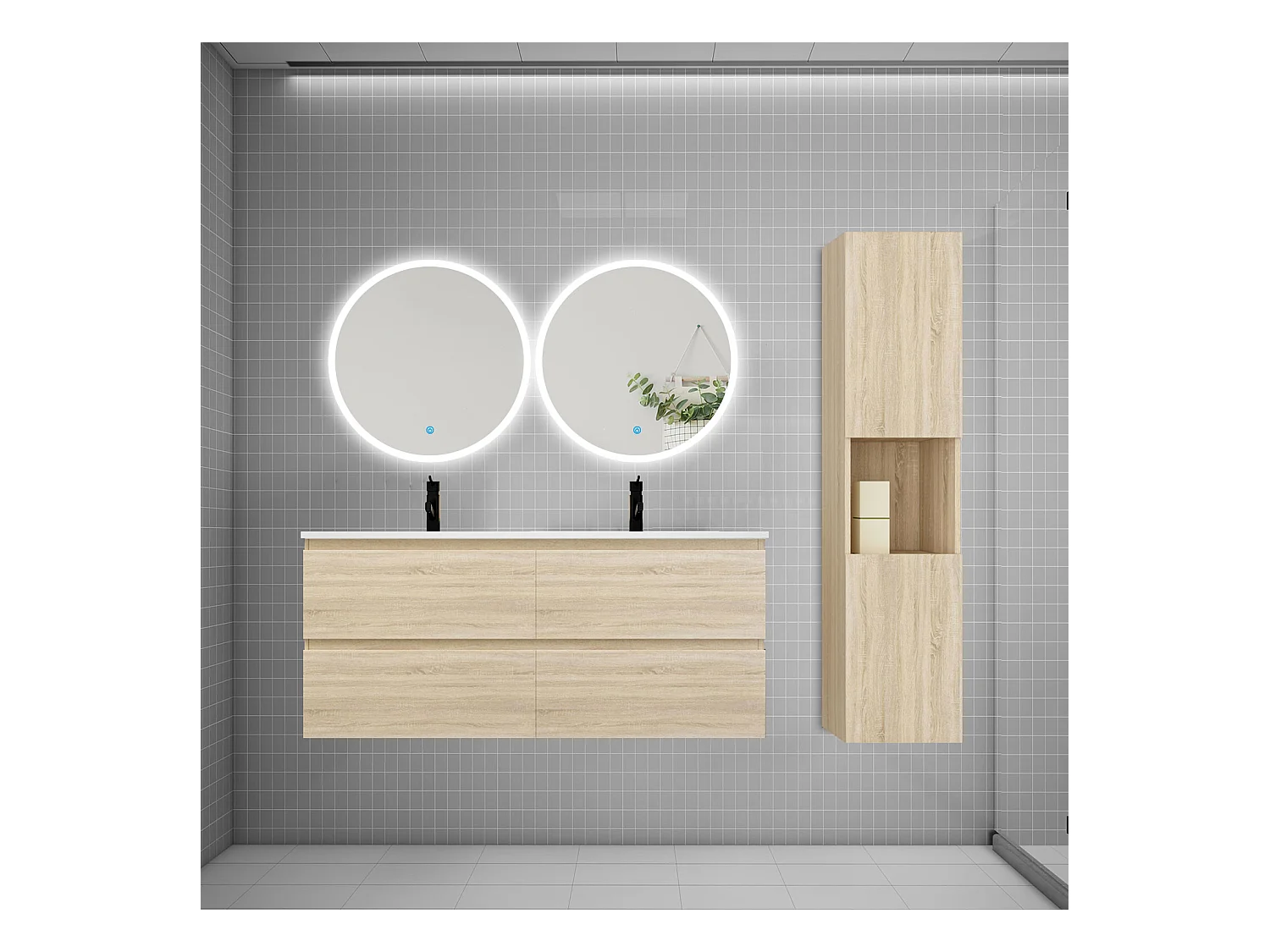 AICA Ensemble meuble de salle de bain double Vasque L.120cm 4 tiroirs + lavabo + 2*LED Miroirs Rond 60cm + Colonne, Chêne