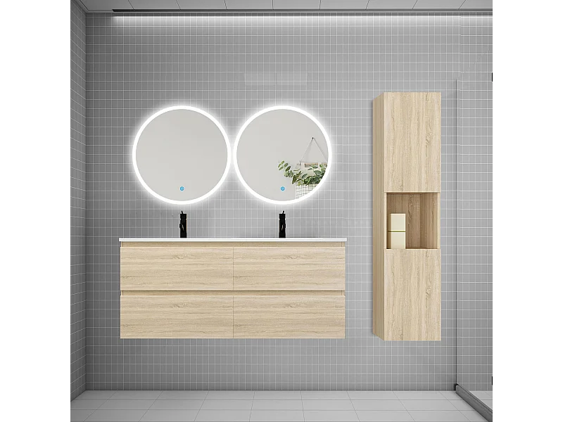 AICA Ensemble meuble double vasque L.120cm 4 tiroirs + lavabo + 2*LED miroirs rond 60cm + colonne C,chêne