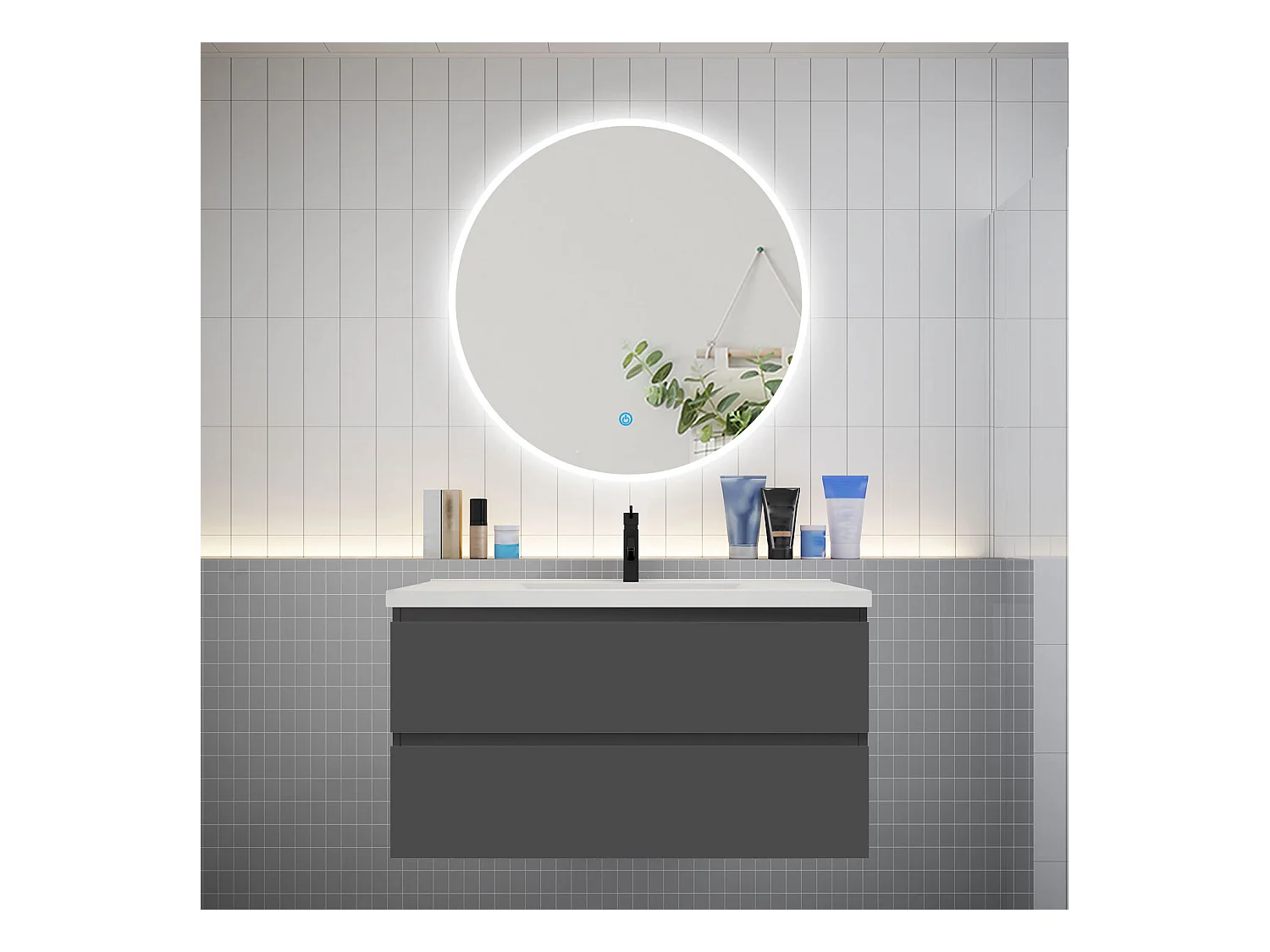 AICA Ensemble meuble de salle de bain Vasque L.99cm 2 tiroirs + lavabo + LED Miroir Rond 90cm, Anthracite