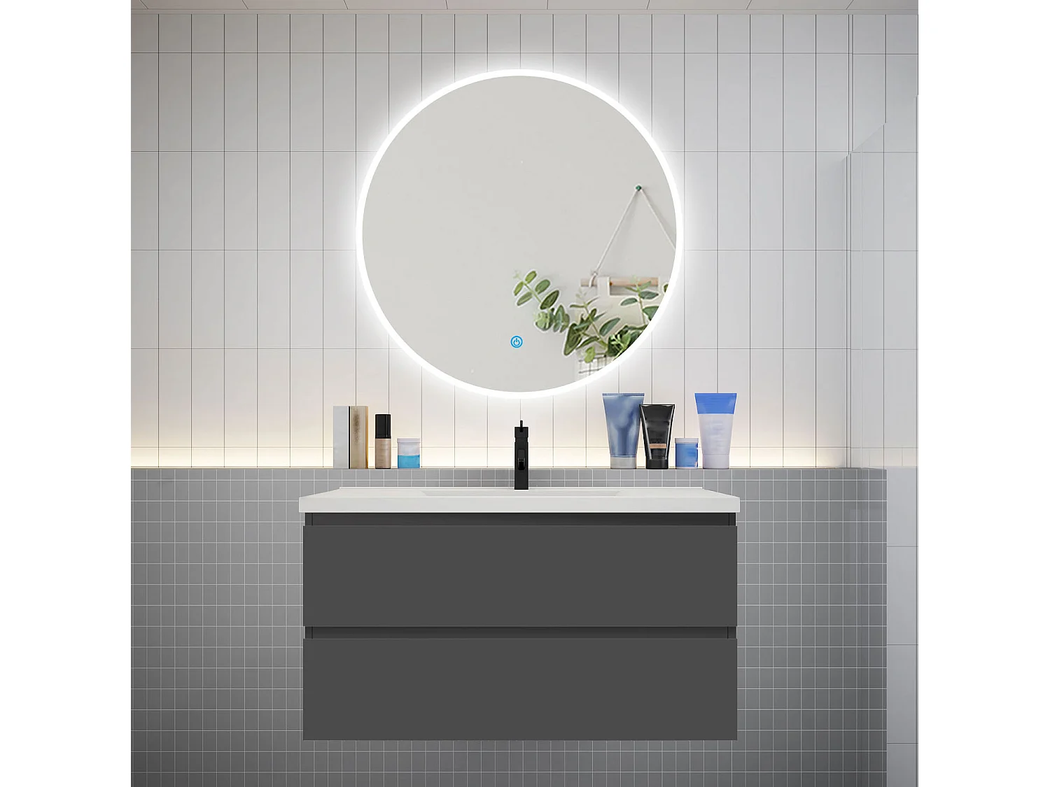 Ensemble meuble vasque L.99cm 2 tiroirs + lavabo + LED miroir rond 90cm,anthracite，easy