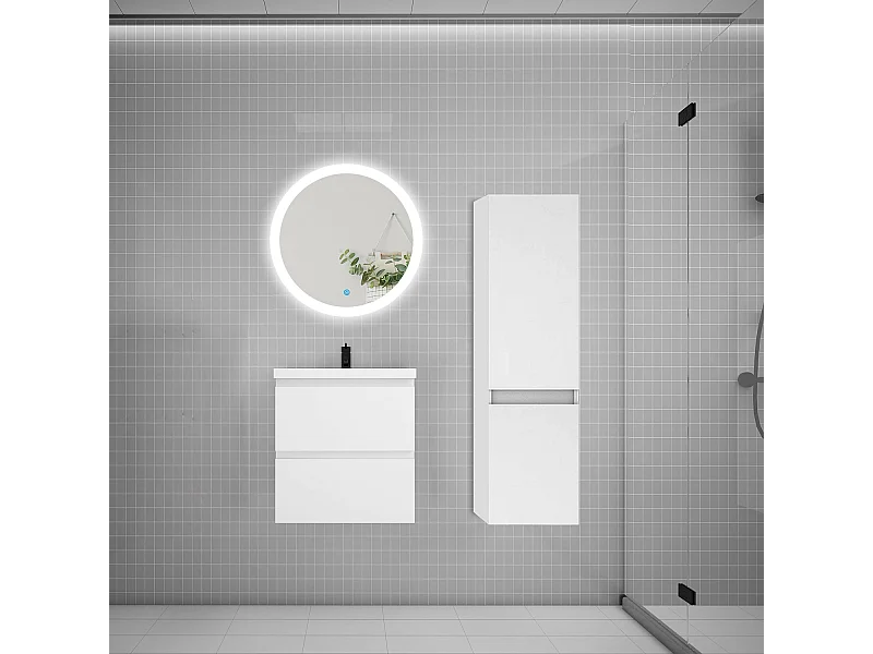 AICA Ensemble meuble de salle de bain Vasque L.50cm 2 tiroirs + lavabo + LED Miroir Rond 60cm + Colonne,Anthracite