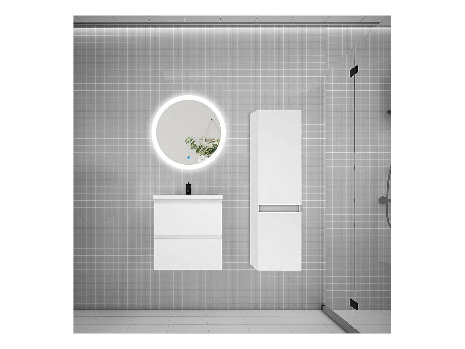 AICA Ensemble meuble de salle de bain Vasque L.50cm 2 tiroirs + lavabo + LED Miroir Rond 60cm + Colonne,Anthracite