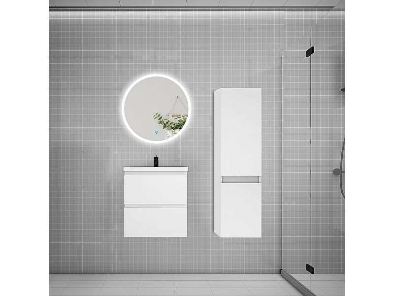 AICA Ensemble meuble de salle de bain Vasque 50cm avec 2 tiroirs + lavabo + LED Miroir Rond 60cm + Colonne,Anthracite