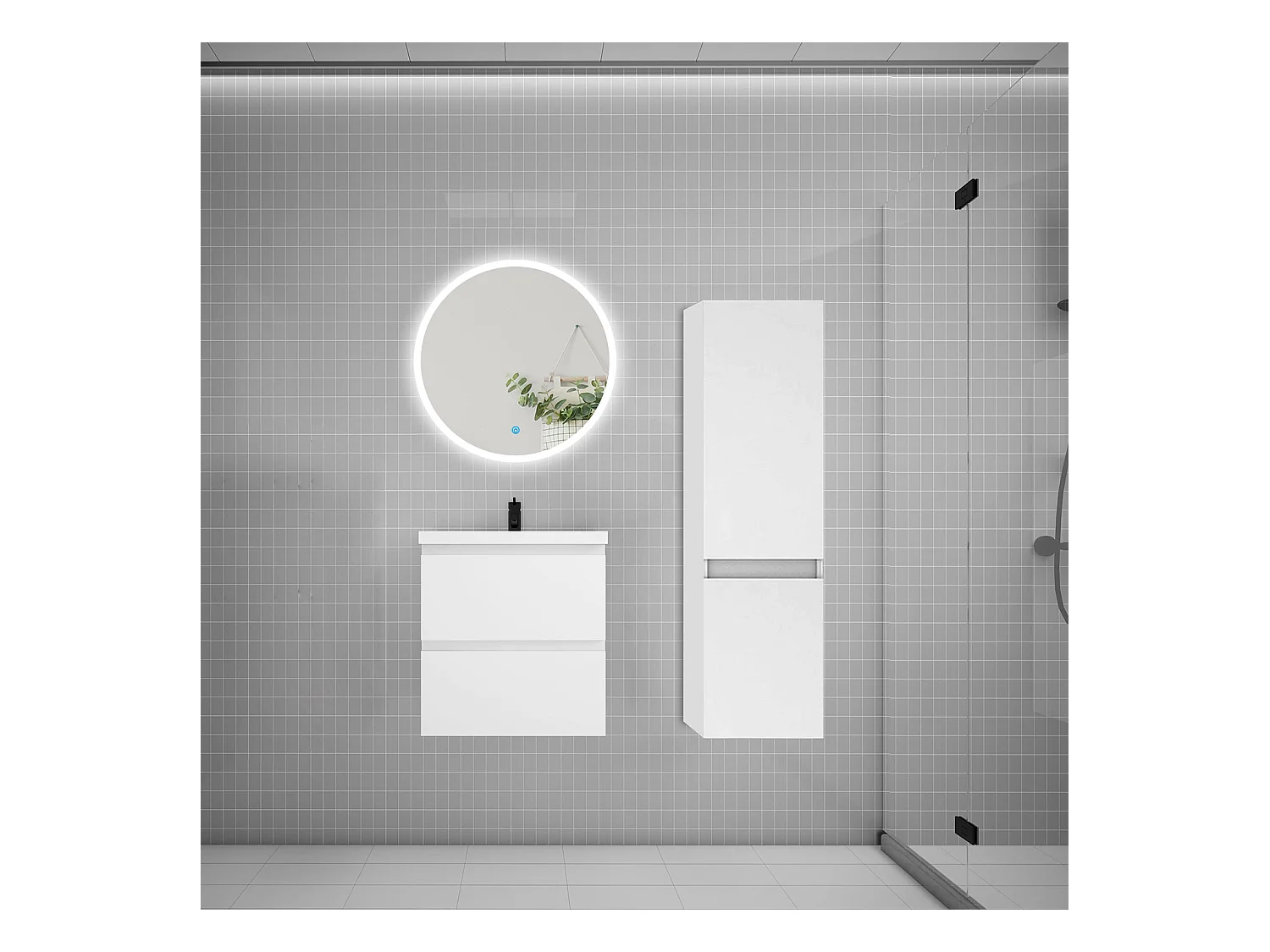 AICA Ensemble meuble de salle de bain Vasque 50cm avec 2 tiroirs + lavabo + LED Miroir Rond 60cm + Colonne,Anthracite