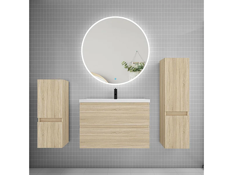 Ensemble meuble vasque L.79cm 2 tiroirs + lavabo + LED miroir rond 90cm + 2*colonne,chêne
