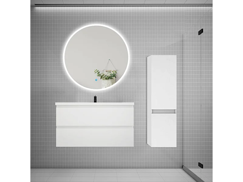AICA Ensemble meuble de salle de bain Vasque L.99cm 2 tiroirs + lavabo + LED Miroir Rond 100cm + Colonne,Blanc