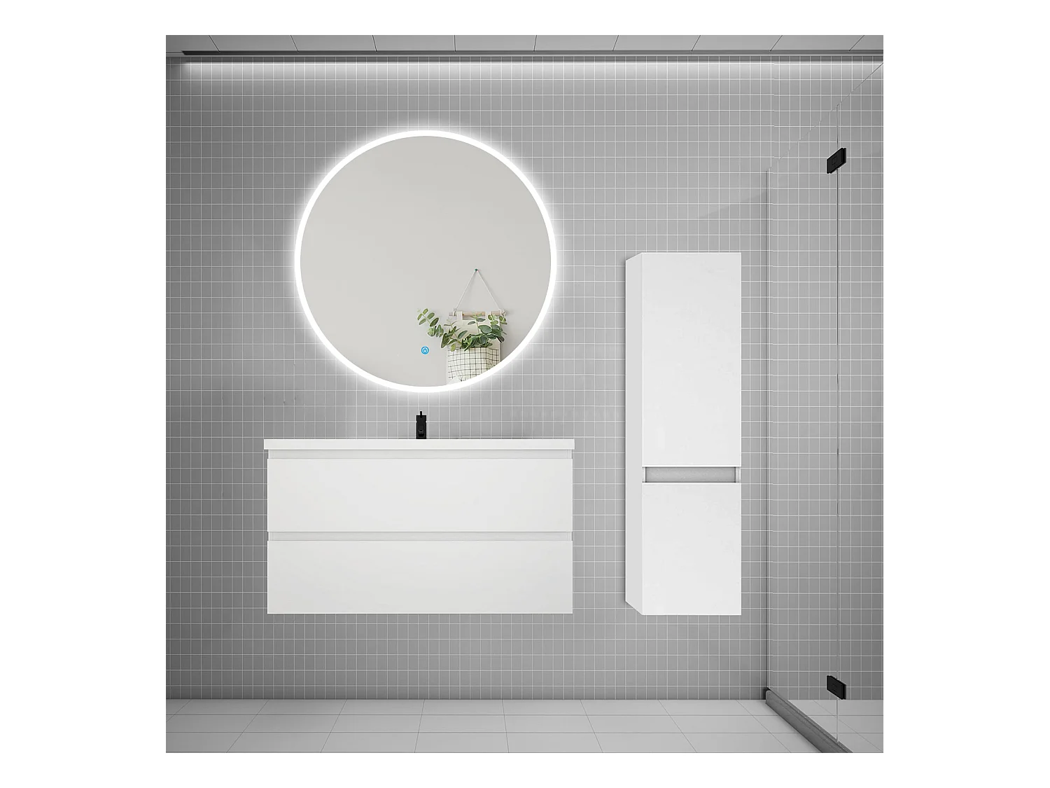 AICA Ensemble meuble de salle de bain Vasque L.99cm 2 tiroirs + lavabo + LED Miroir Rond 100cm + Colonne,Blanc