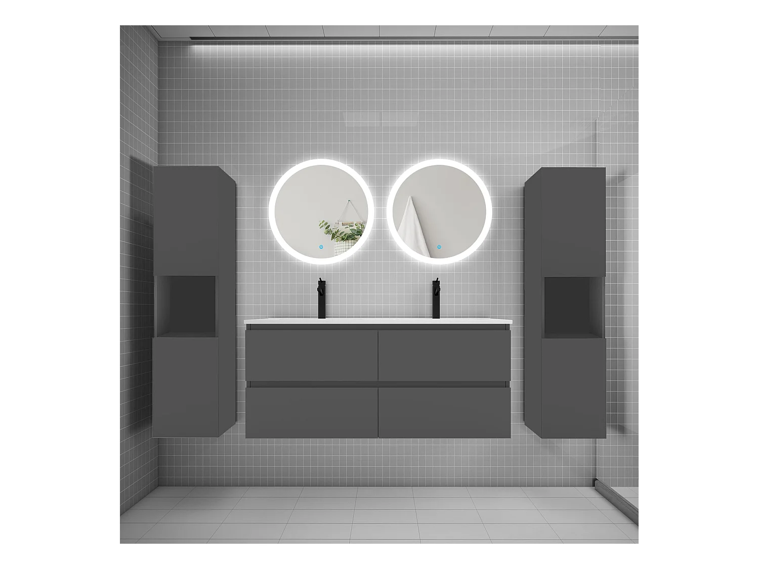 AICA Ensemble meuble de salle de bain double Vasque 120cm avec 4 tiroirs + lavabo + 2*LED Miroirs Rond 60cm + 2*Colonne, Anthracite
