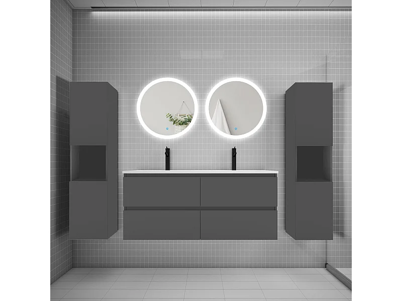 AICA Ensemble meuble double vasque L.120cm 4 tiroirs + lavabo + 2*LED miroirs rond 60cm + 2*colonne,anthracite B