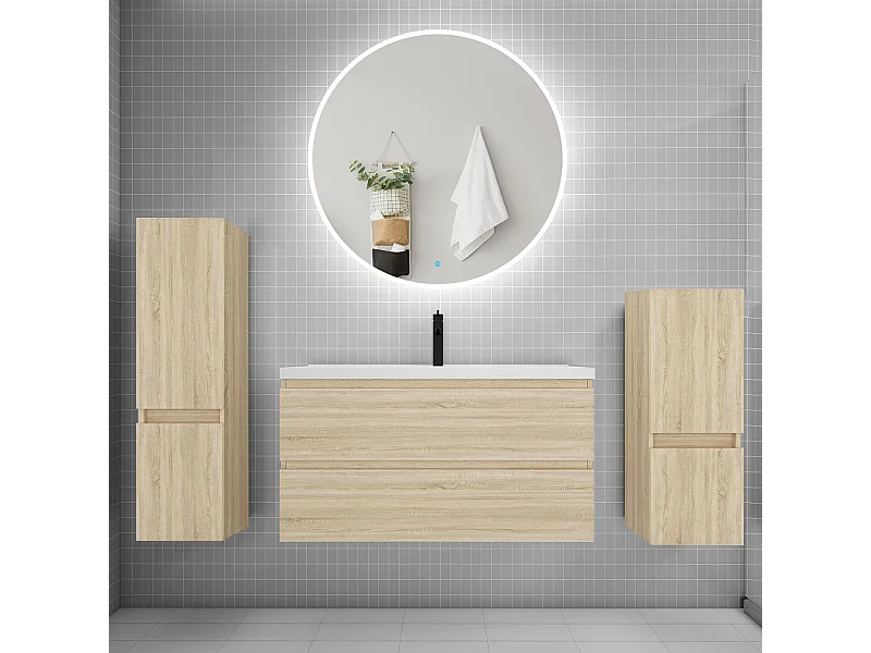 Ensemble meuble vasque L.99cm 2 tiroirs + lavabo + LED miroir rond 100cm + 2*colonne,chêne