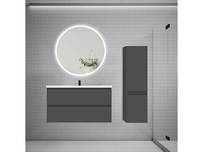 Ensemble meuble vasque L.99cm 2 tiroirs + lavabo + LED miroir rond 90cm + colonne B,anthracite