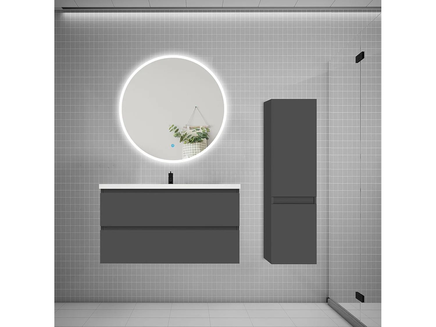 Ensemble meuble vasque L.99cm 2 tiroirs + lavabo + LED miroir rond 90cm + colonne B,anthracite