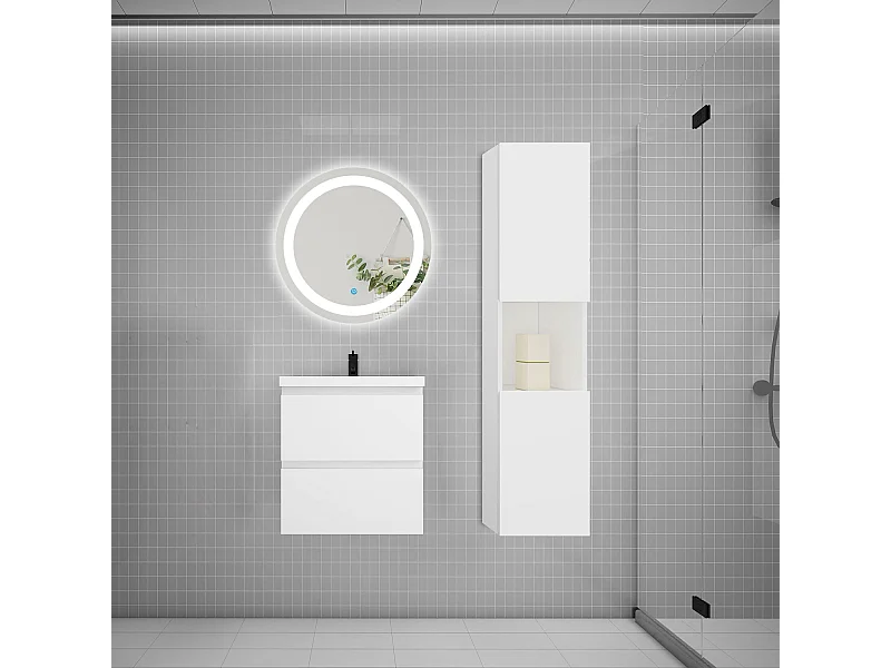 AICA Ensemble meuble vasque L.50cm 2 tiroirs + lavabo + LED miroir rond 60cm + colonne,blanc,easy