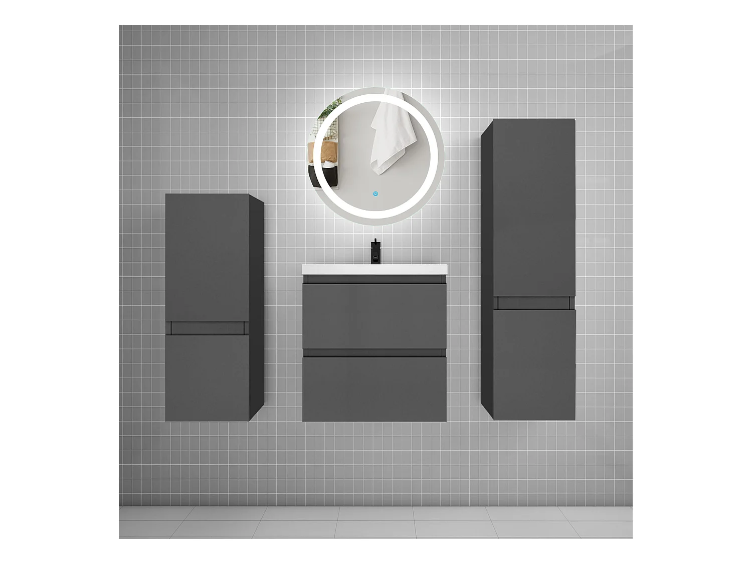 AICA Ensemble meuble de salle de bain Vasque 50cm + 2 tiroirs + lavabo + LED Miroir 60cm + 2*Colonne, Blanc