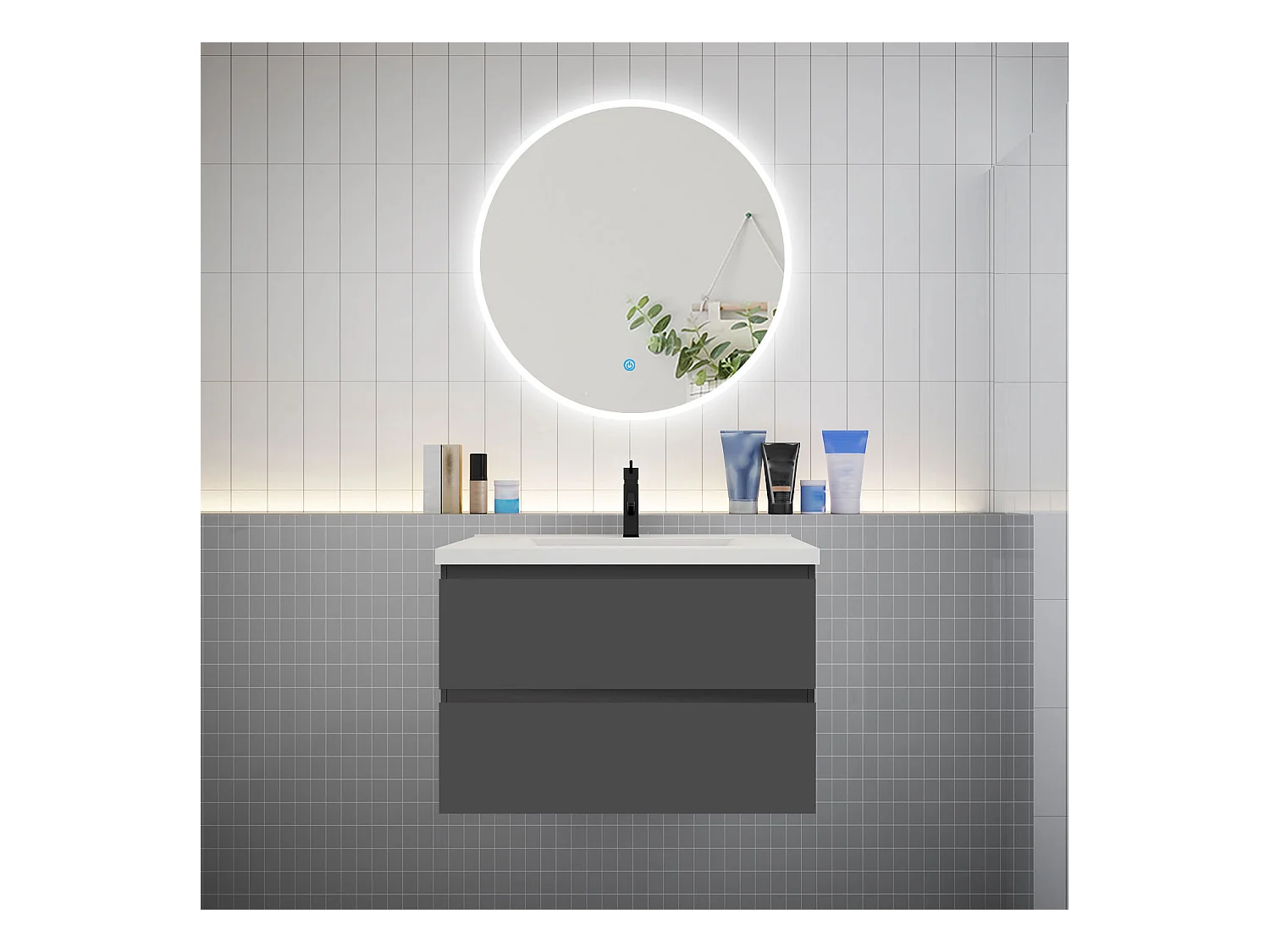 AICA Ensemble meuble de salle de bain Vasque L.79cm 2 tiroirs + lavabo + LED Miroir Rond 80cm, Anthracite