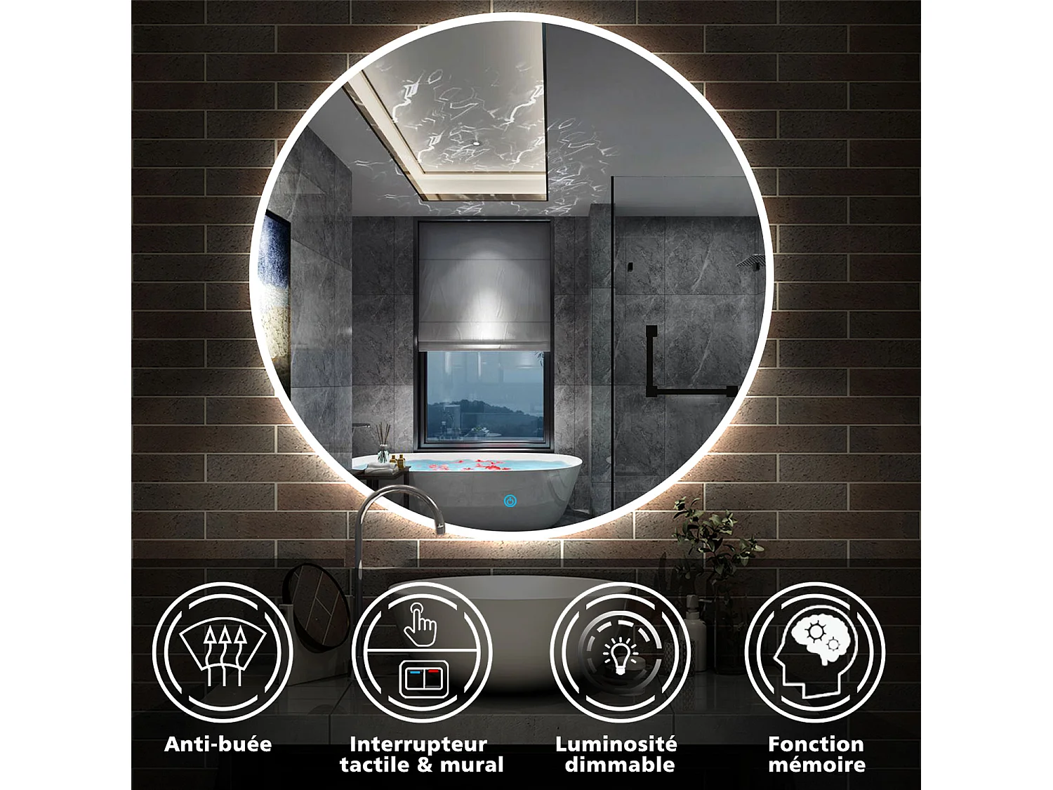 Ensemble meuble vasque L.79cm 2 tiroirs + lavabo + LED miroir rond 80cm,anthracite