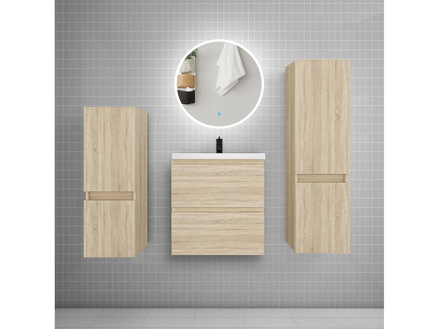 Ensemble meuble vasque L.50cm 2 tiroirs + lavabo + LED miroir rond 60cm + 2*colonne,chêne