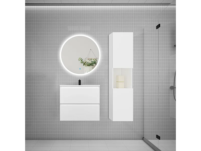 AICA Ensemble meuble de salle de bain Vasque L.60cm 2 tiroirs + lavabo + LED Miroir Rond 70cm + Colonne,Blanc