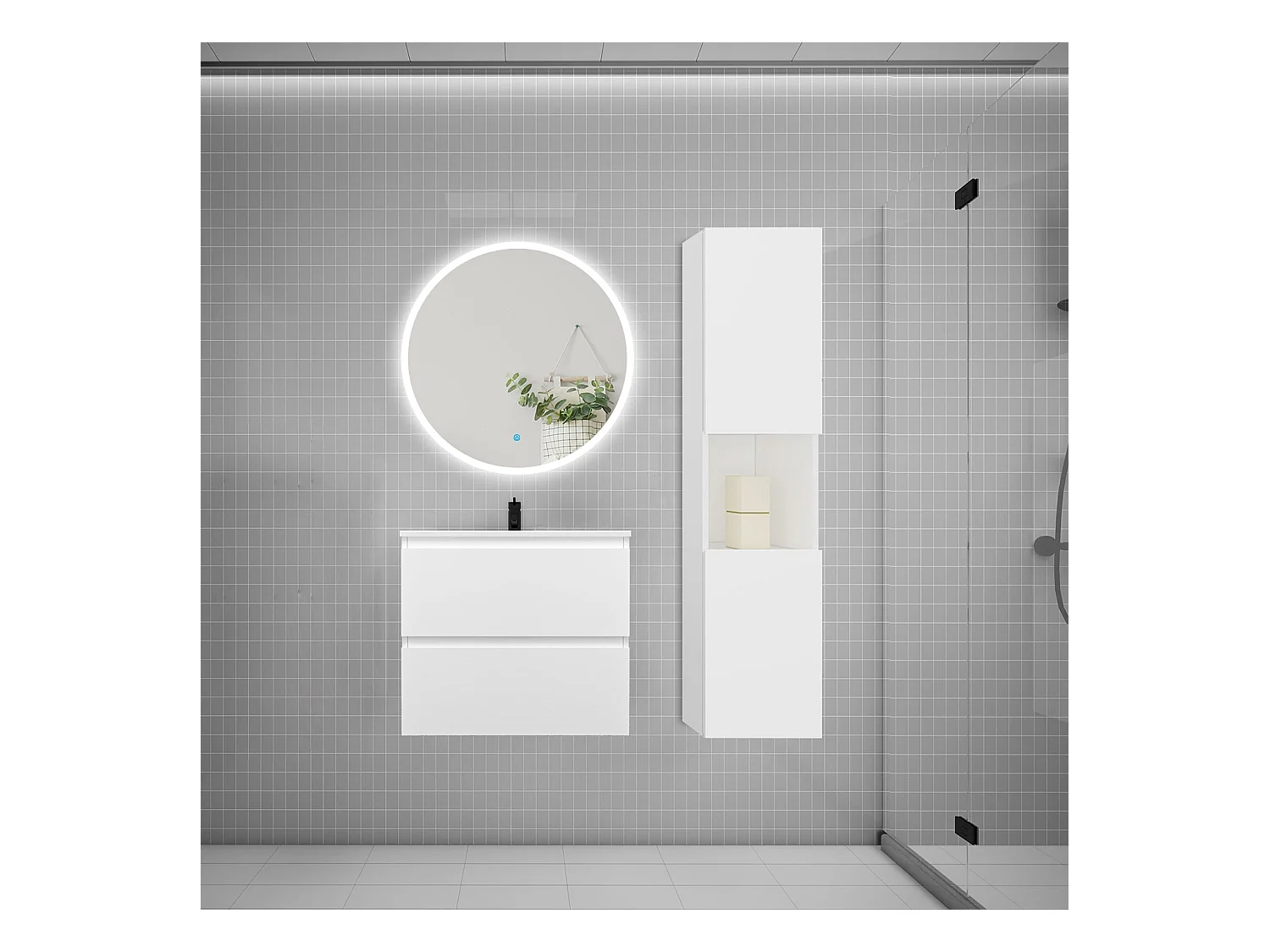 AICA Ensemble meuble de salle de bain Vasque L.60cm 2 tiroirs + lavabo + LED Miroir Rond 70cm + Colonne,Blanc