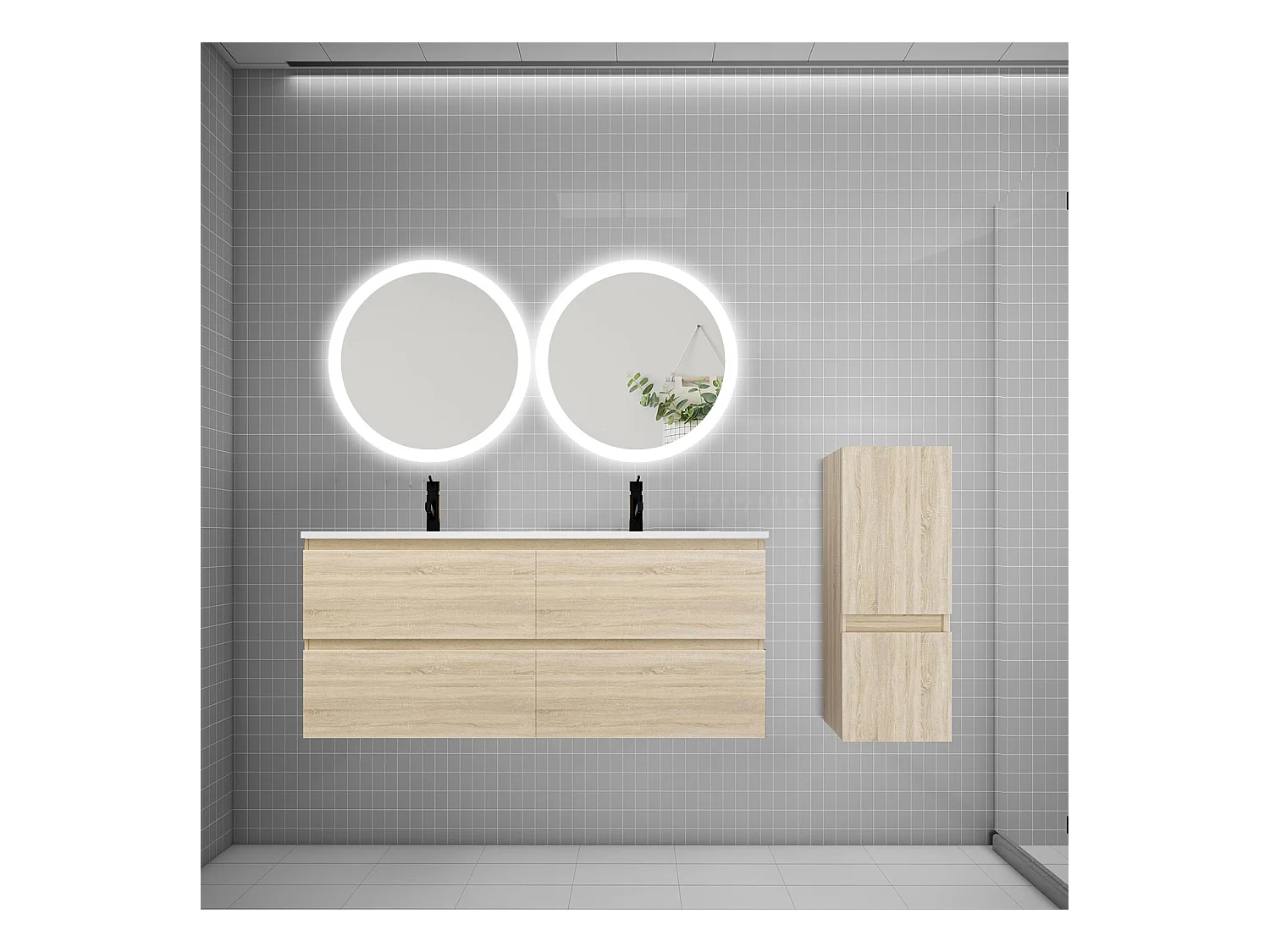 AICA Ensemble meuble de salle de bain double Vasque 120cm avec 4 tiroirs + lavabo + 2*LED Miroirs Rond 60cm + Colonne, Chêne