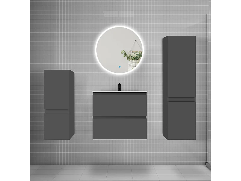 AICA Ensemble meuble de salle de bain Vasque L.60cm 2 tiroirs + lavabo + LED Miroir Rond 60cm + 2*Colonne, Anthracite