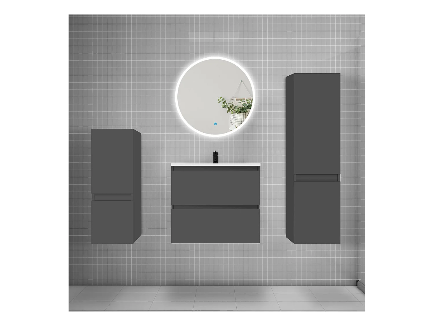 AICA Ensemble meuble de salle de bain Vasque L.60cm 2 tiroirs + lavabo + LED Miroir Rond 60cm + 2*Colonne, Anthracite