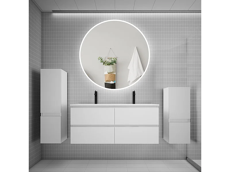 AICA Ensemble meuble de salle de bain double Vasque L.120cm 4 tiroirs + lavabo + LED Miroir Rond 120cm + 2*Colonne,Blanc