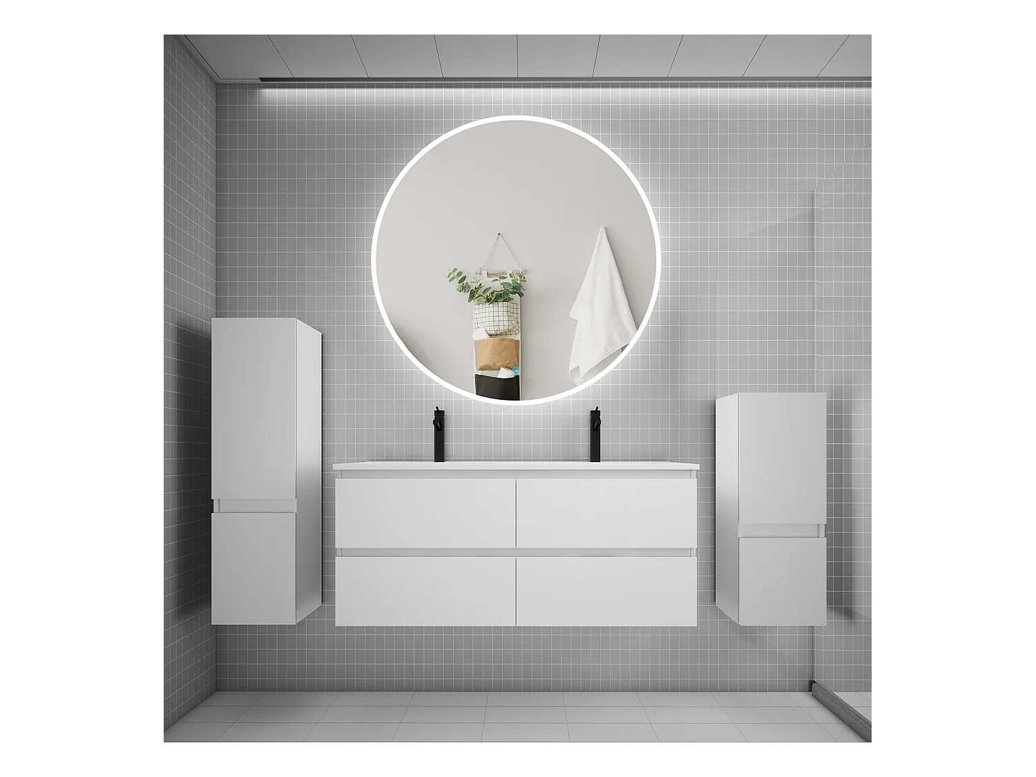 AICA Ensemble meuble de salle de bain double Vasque L.120cm 4 tiroirs + lavabo + LED Miroir Rond 120cm + 2*Colonne,Blanc