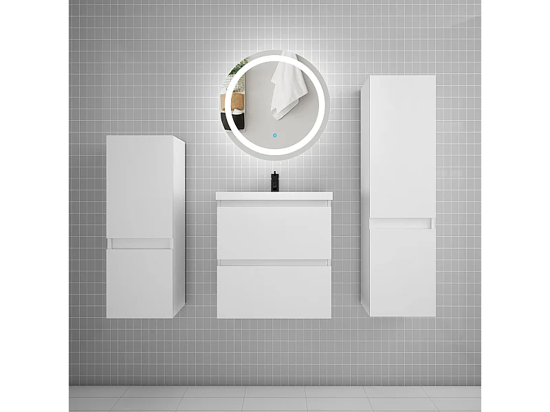Ensemble meuble vasque L.50cm 2 tiroirs + lavabo + LED miroir 60cm + 2*colonne,blanc A