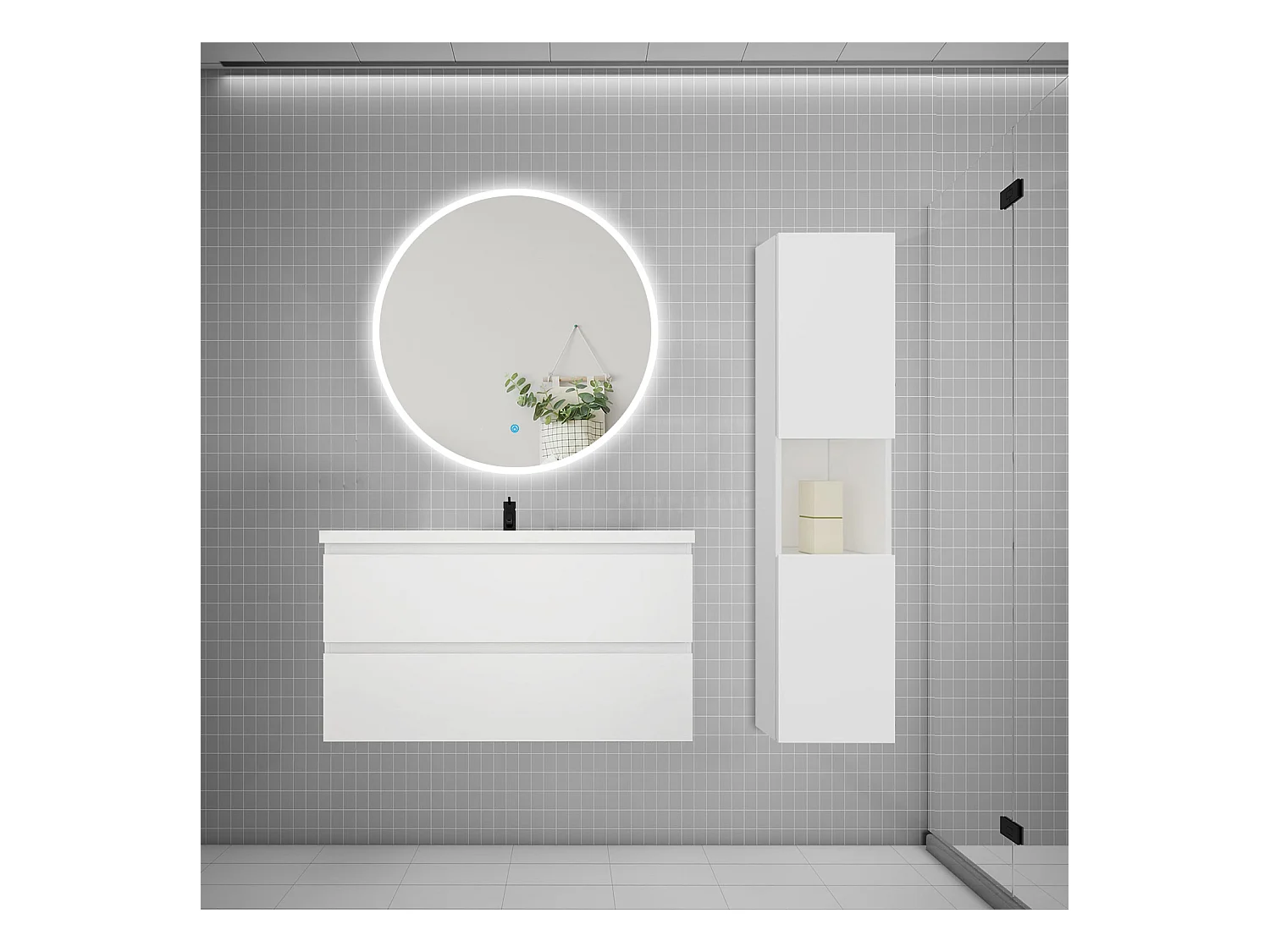 AICA Ensemble meuble de salle de bain Vasque L.99cm 2 tiroirs + lavabo + LED Miroir Rond 90cm + Colonne,Blanc