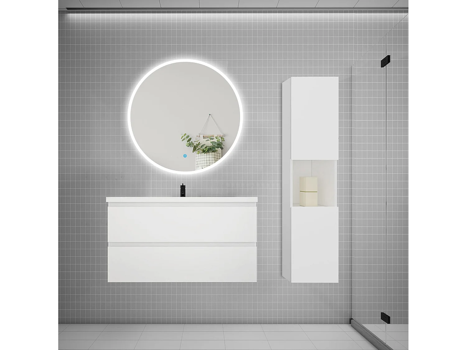 AICA Ensemble meuble vasque L.99cm 2 tiroirs + lavabo + LED miroir rond 90cm + colonne,blanc