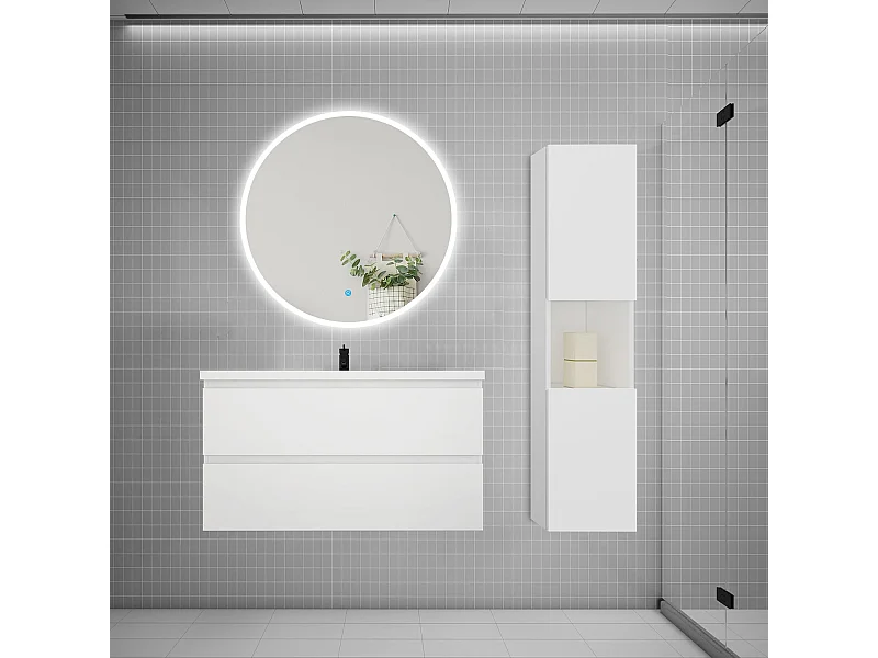 AICA Ensemble meuble vasque L.99cm 2 tiroirs + lavabo + LED miroir rond 90cm + colonne,blanc